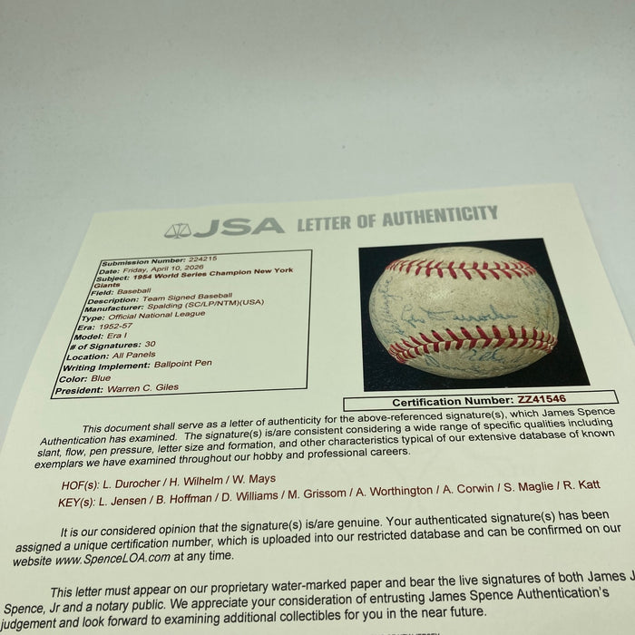 1954 New York Giants World Series Champs Team Signed Baseball Willie Mays JSA