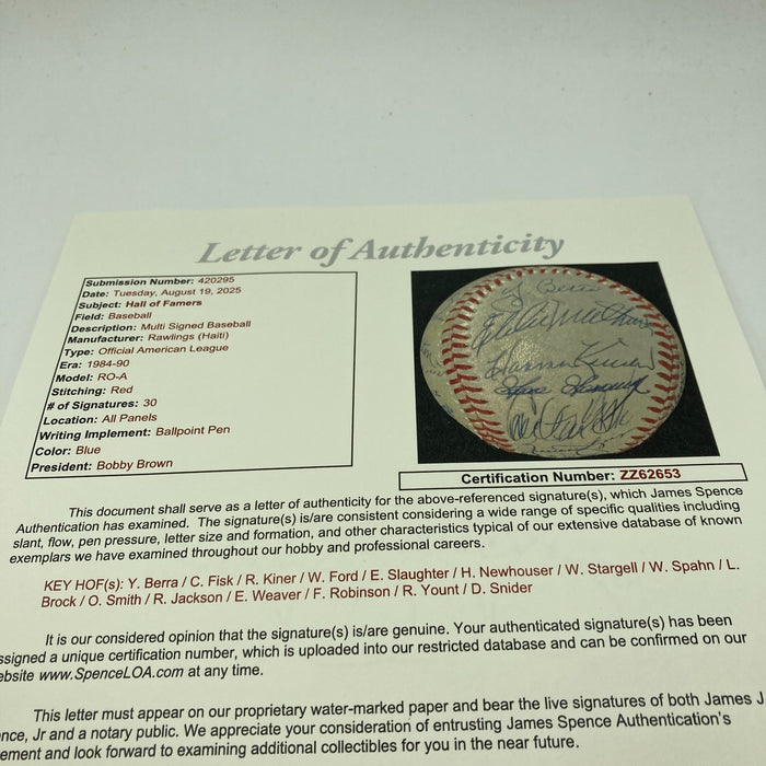 Hall Of Fame Multi Signed Baseball 30 Sigs Yogi Berra Reggie jackson JSA COA