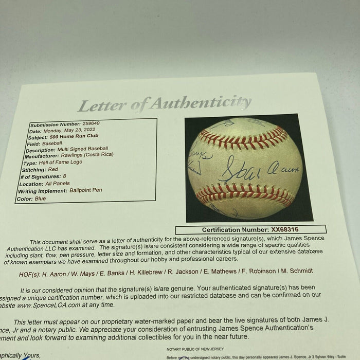 Beautiful Willie Mays Hank Aaron 500 Home Run Club Signed HOF Baseball JSA COA