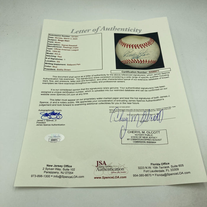 Ringo Starr Beatles Single Signed American League Baseball JSA COA