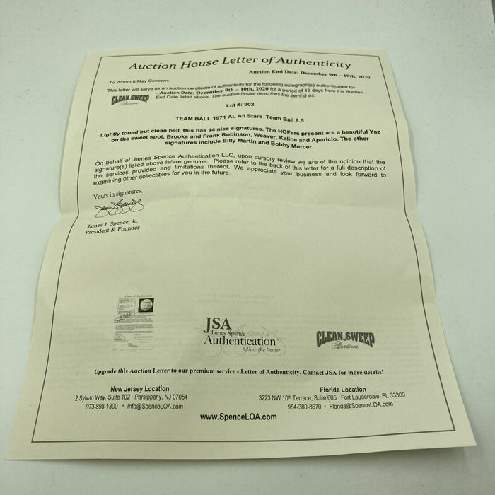 1971 All Star Game Team Signed Baseball Carl Yastrzemski Brooks Robinson JSA