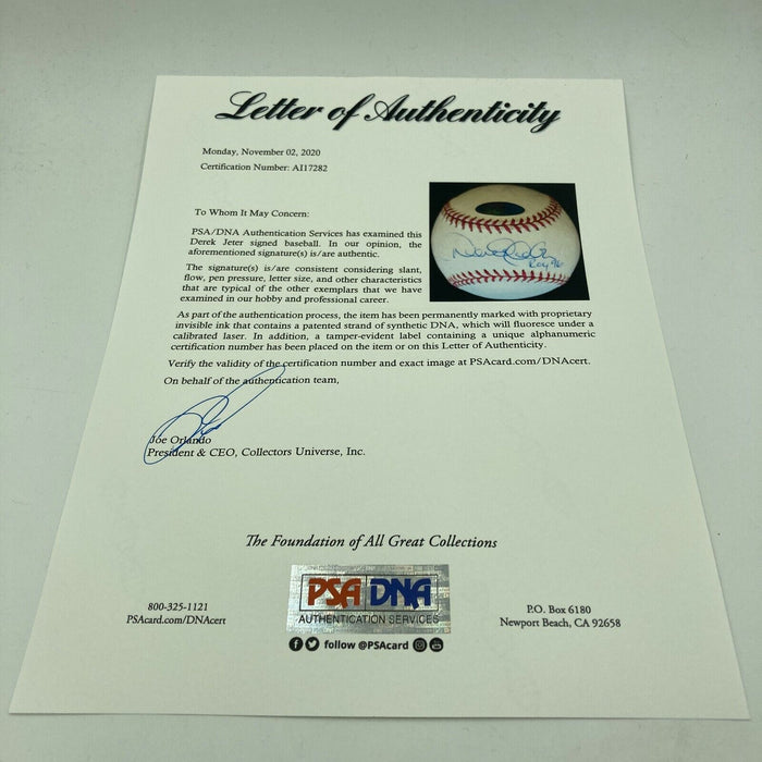 Derek Jeter Rookie Of The Year 1996 Signed Inscribed Baseball PSA DNA COA