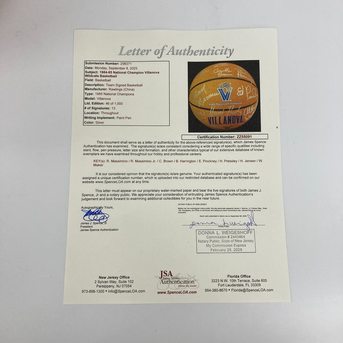 1984-1985 Villanova Wildcats NCAA National Champs Team Signed Basketball JSA COA