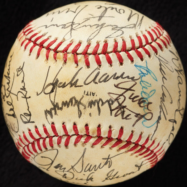 Hank Aaron Ernie Banks 1980's Cracker Jack Old Timer's Game Signed Baseball BAS