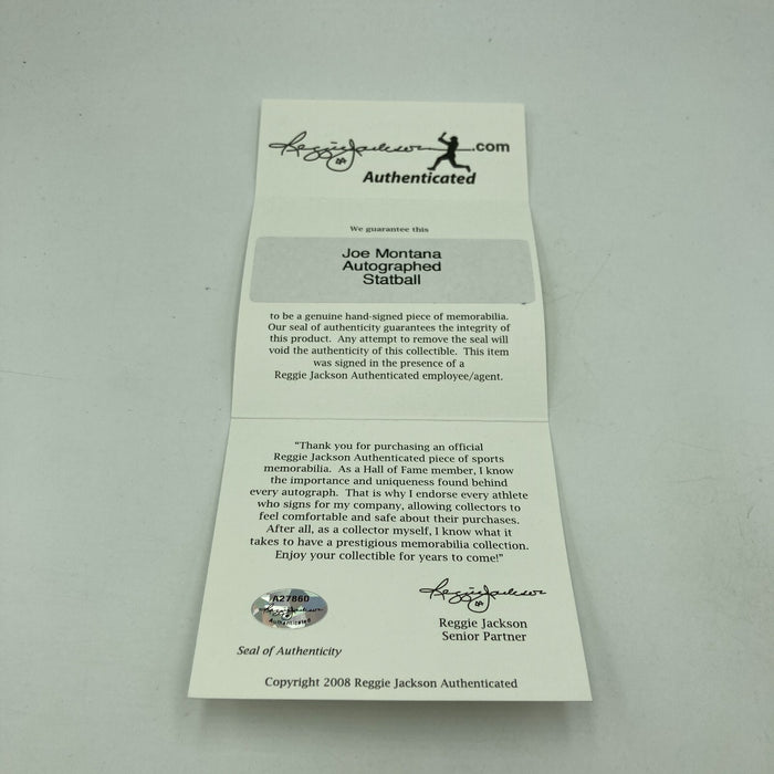 Joe Montana Signed Heavily Inscribed Career STAT Baseball Reggie Jackson COA