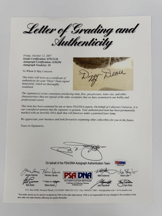 Dizzy Dean Signed 1930's Original Handprint PSA DNA GEM MINT 10 & JSA COA