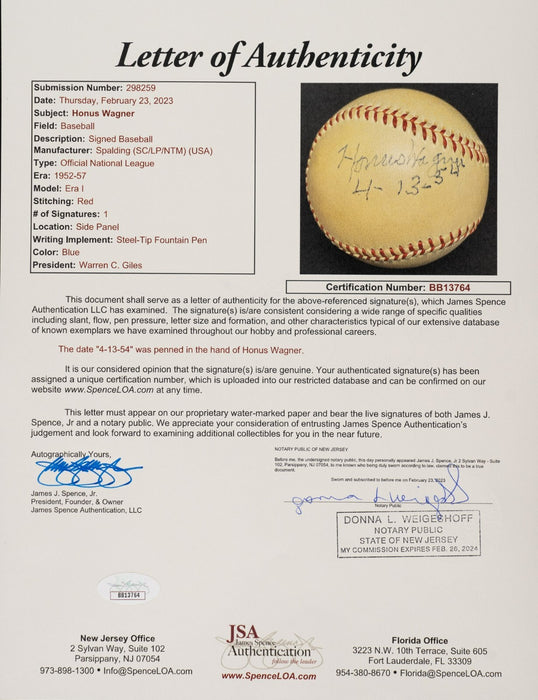 The Finest Honus Wagner  Single Signed National League Baseball JSA COA