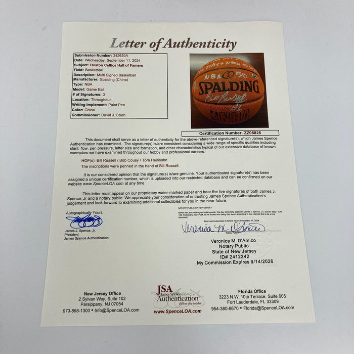 Bill Russell Full Name Signed Heavily Inscribed STAT Basketball JSA COA