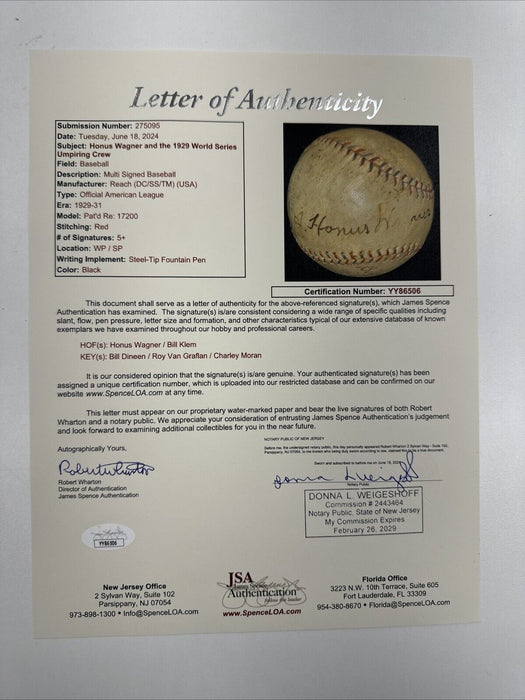 Honus Wagner Signed 1929 World Series Game Used American League Baseball JSA COA