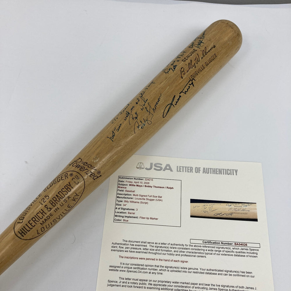 Willie Mays, Bobby Thomson & Ralph Branca Signed Baseball Bat JSA COA