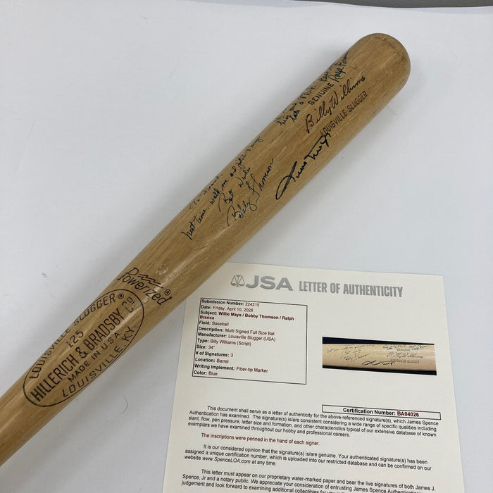 Willie Mays, Bobby Thomson & Ralph Branca Signed Baseball Bat JSA COA