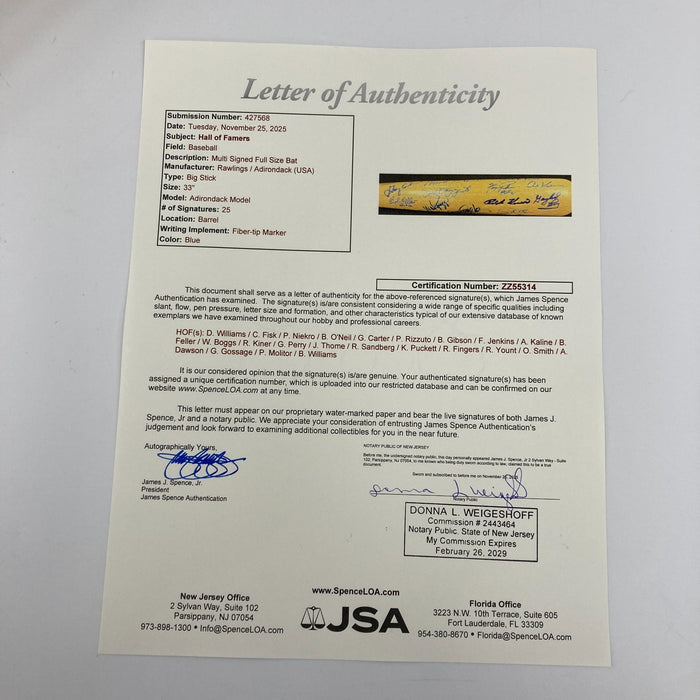 Hall Of Fame Multi Signed Baseball Bat 25 Sigs Kirby Puckett Gary Carter JSA COA