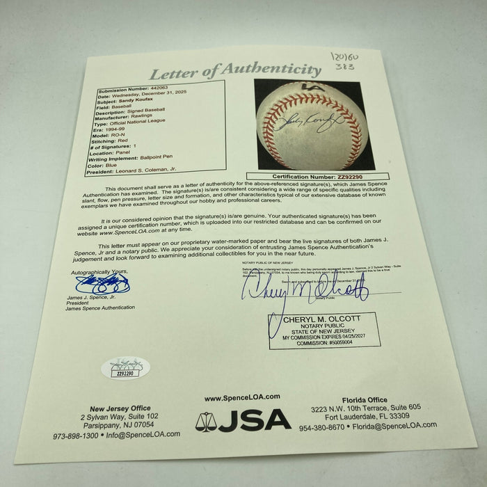 Sandy Koufax Signed Official National League Baseball JSA COA