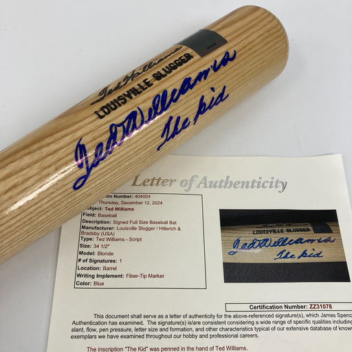 MINT Ted Williams "The Kid" Signed Inscribed Game Model Baseball Bat JSA COA