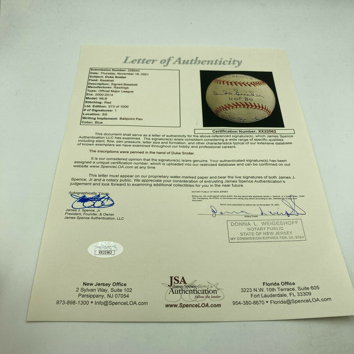 Duke Snider Signed Heavily Inscribed Career STAT Baseball With JSA COA