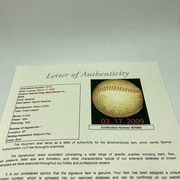 Satchel Paige Single Signed Vintage 1954 Minor League Baseball JSA COA