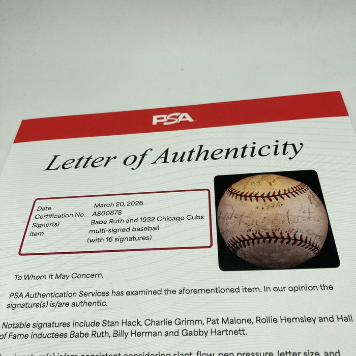 Babe Ruth & Chicago Cubs 1932 World Series Called Shot Signed Baseball PSA DNA
