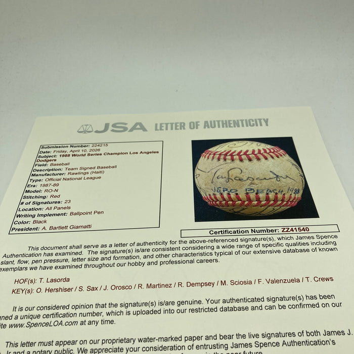 1988 Los Angeles Dodgers World Series Champs Team Signed Baseball JSA COA