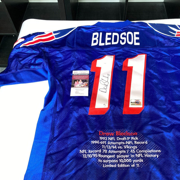 Drew Bledsoe Signed Game Model New England Patriots STAT Jersey JSA COA