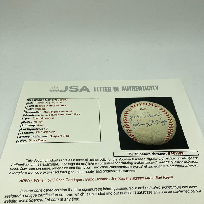 Earl Averill Burleigh Grimes Waite Hoyt Hall Of Fame Multi Signed Baseball JSA