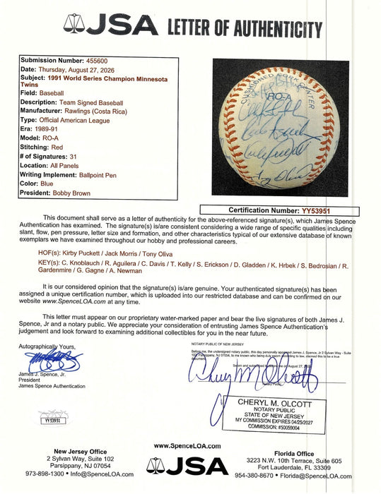 1991 Minnesota Twins World Series Champs Team Signed Baseball JSA COA 31 Sigs