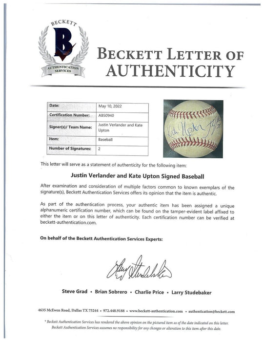 Rare Justin Verlander & Wife Kate Upton Signed Game Used Baseball Beckett COA