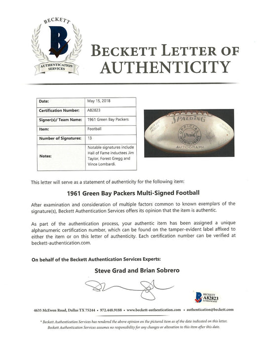 Vince Lombardi 1961 Green Bay Packers NFL Champions Team Signed Football Beckett