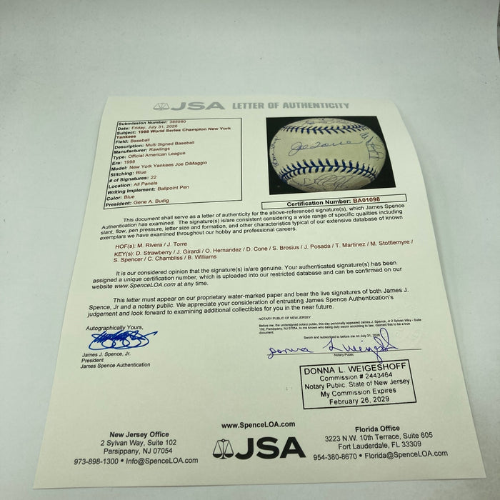 1998 New York Yankees World Series Champs Team Signed Baseball JSA COA