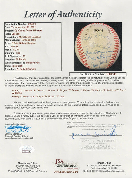 Cy Young Pitchers Multi Signed Baseball Tom Seaver Drysdale Gibson 19 Sigs JSA