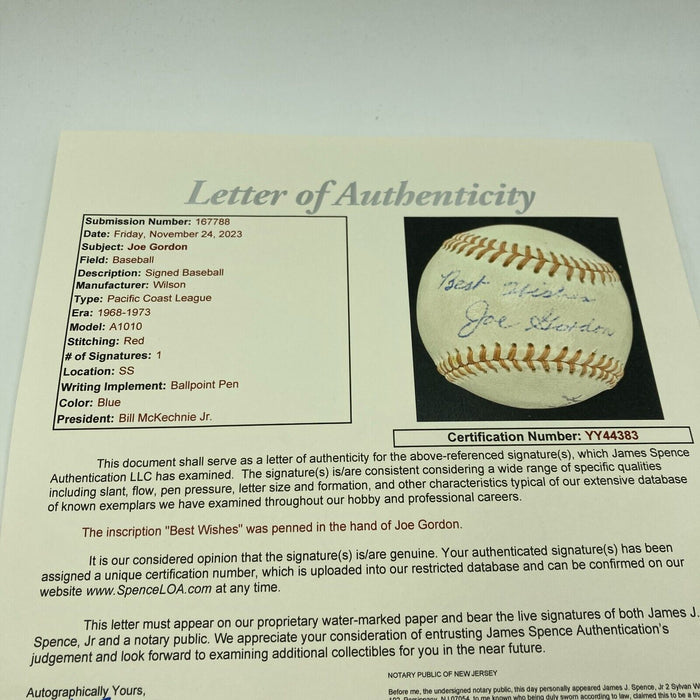 Beautiful Joe Gordon Single Signed Baseball JSA COA Hall Of Fame