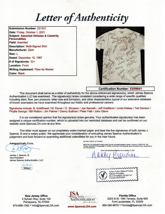 Extraordinary Celebrity Signed T-Shirt 50 Sigs John Glenn Buzz Aldrin Koufax JSA