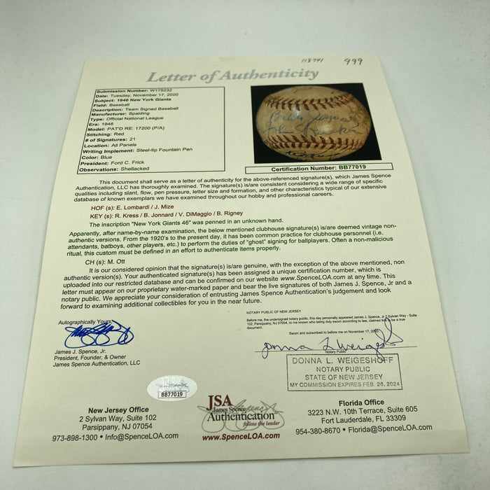 1946 New York Giants Team Signed NL Baseball Ernie Lombardi JSA COA