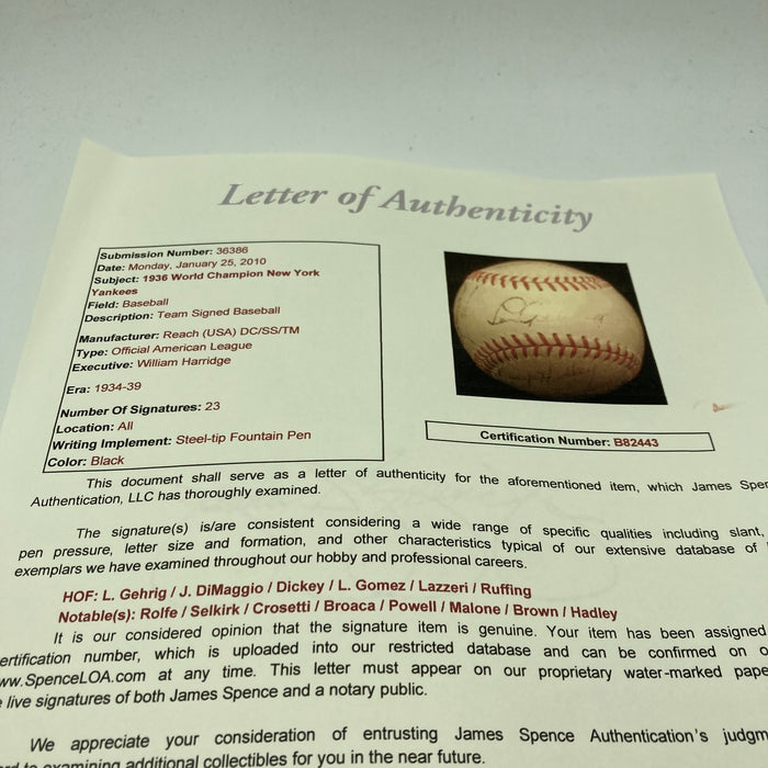 1936 New York Yankees World Series Champs Team Signed Baseball Lou Gehrig JSA