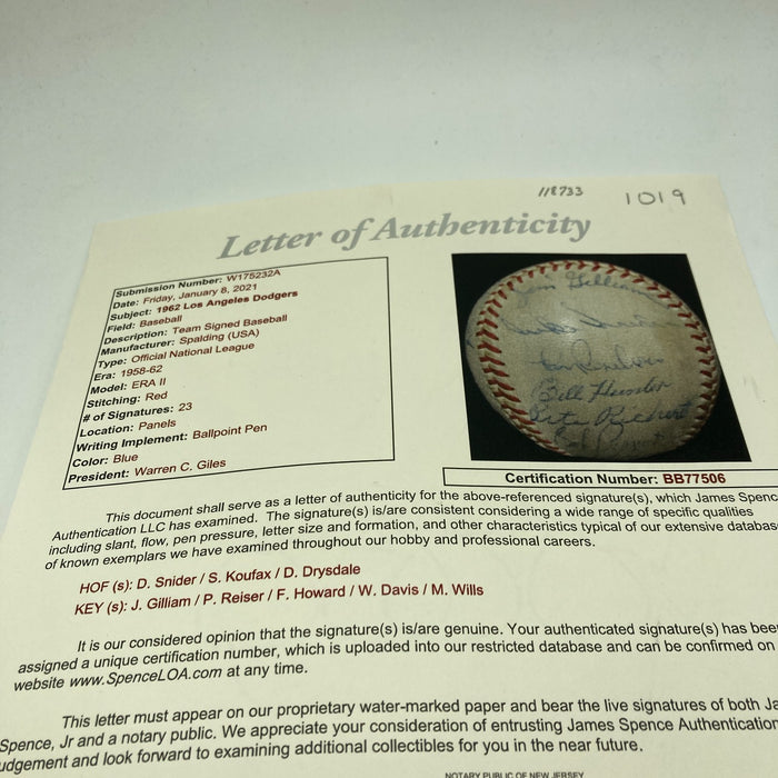 Sandy Koufax Don Drysdale 1962 Los Angeles Dodgers Team Signed Baseball JSA COA