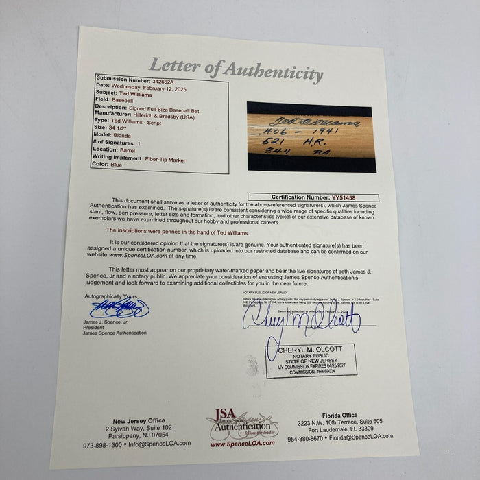 Ted Williams Signed Heavily Inscribed Career STAT Baseball Bat JSA COA