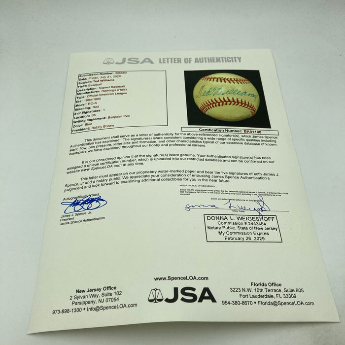 Ted Williams Signed Official American League Baseball JSA COA