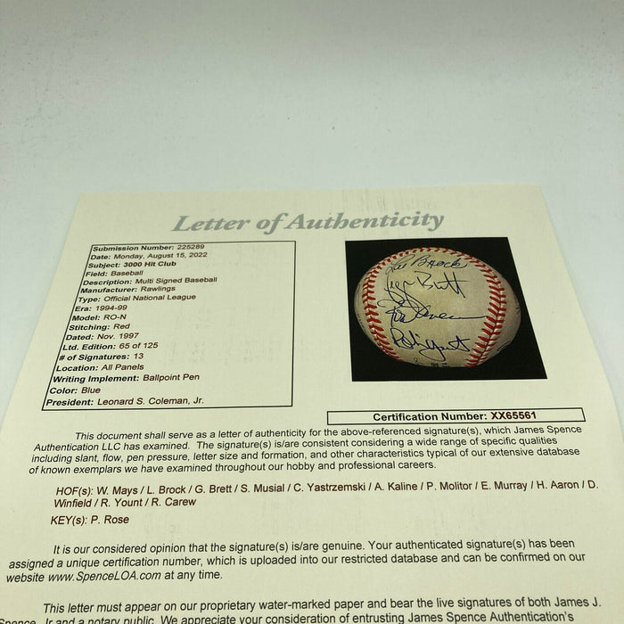 3,000 Hit Club Signed Baseball 13 Sigs Willie Mays Hank Aaron Stan Musial JSA