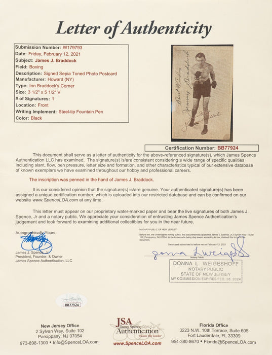 James Braddock "Cinderella Man" Signed 1930's Restaurant Postcard Photo JSA COA