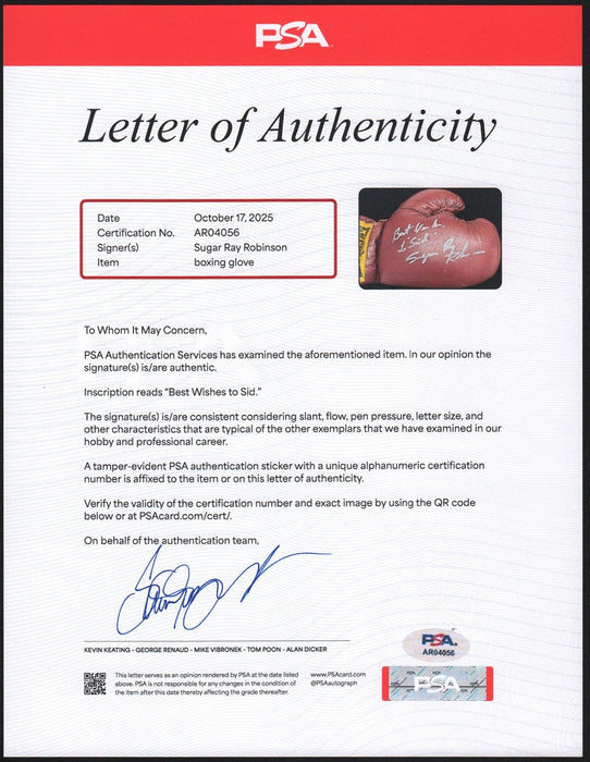 Sugar Ray Robinson Signed Everlast Boxing Glove PSA DNA COA RARE
