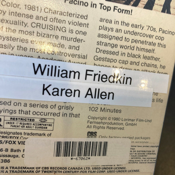 William Friedkin & Karen Allen Signed Cruising VHS Movie JSA COA