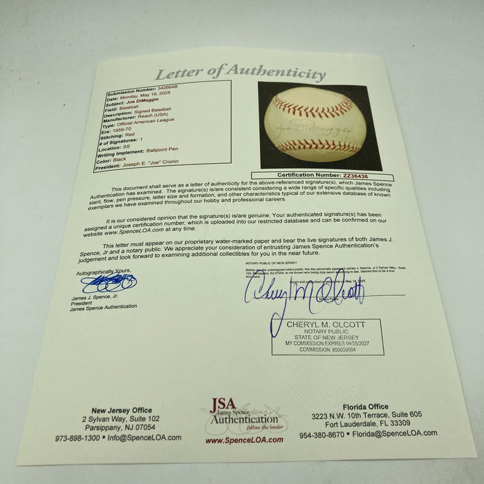 Joe Dimaggio Signed Vintage 1959 American League Cronin Baseball JSA COA