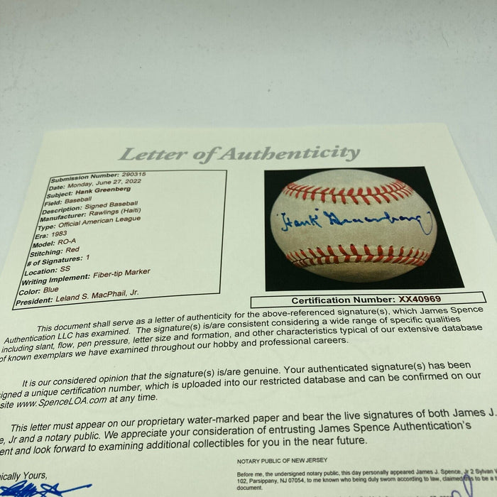 Beautiful Hank Greenberg Single Signed Official American League Baseball JSA COA