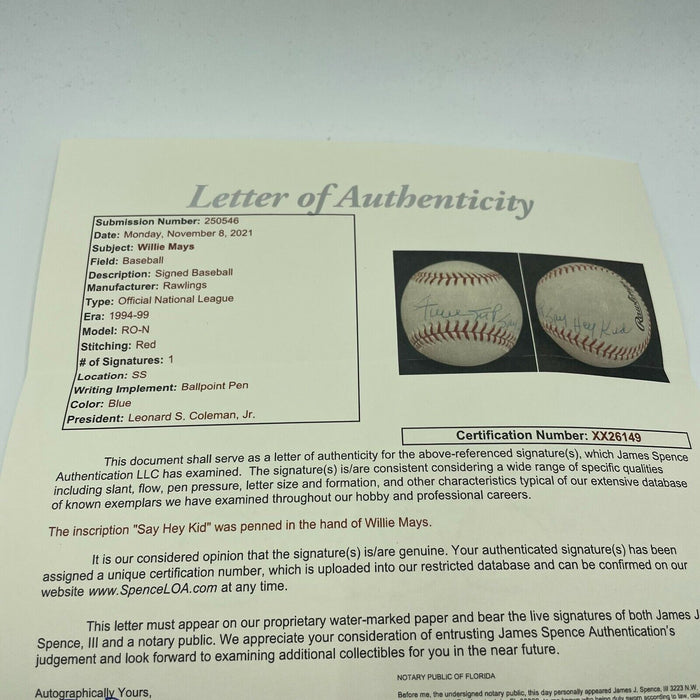 Willie Mays "Say Hey Kid" Signed Inscribed NL Baseball JSA COA Mint Signature