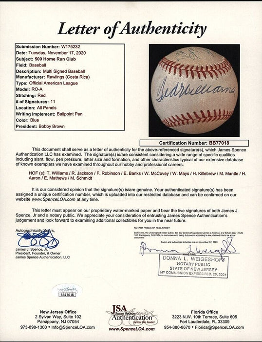 500 Home Run Signed Baseball Mickey Mantle Ted Williams Willie Mays 11 Sigs JSA