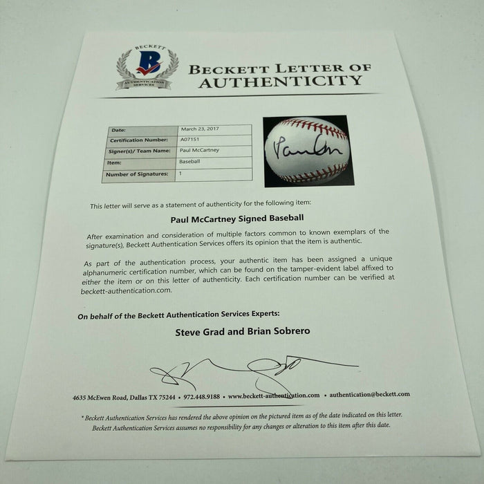 Paul McCartney Single Signed Major League Baseball With Beckett COA The Beatles