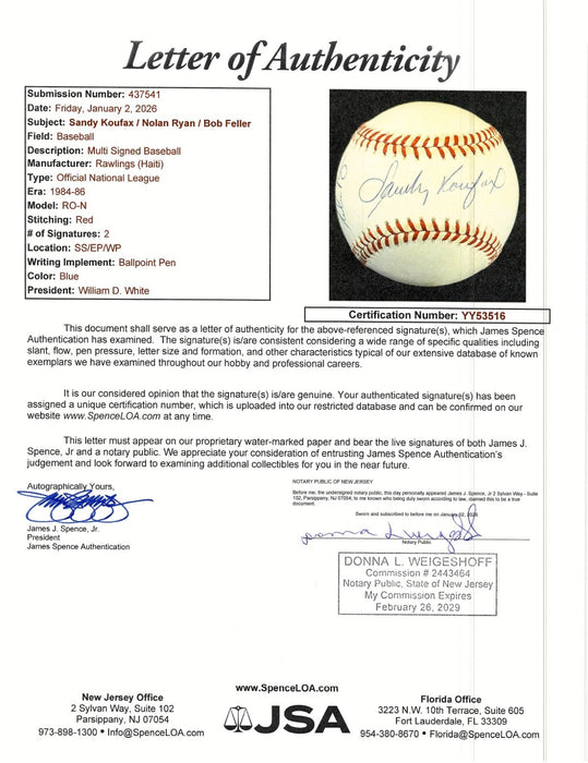 Sandy Koufax & Nolan Ryan Signed National League Baseball JSA COA