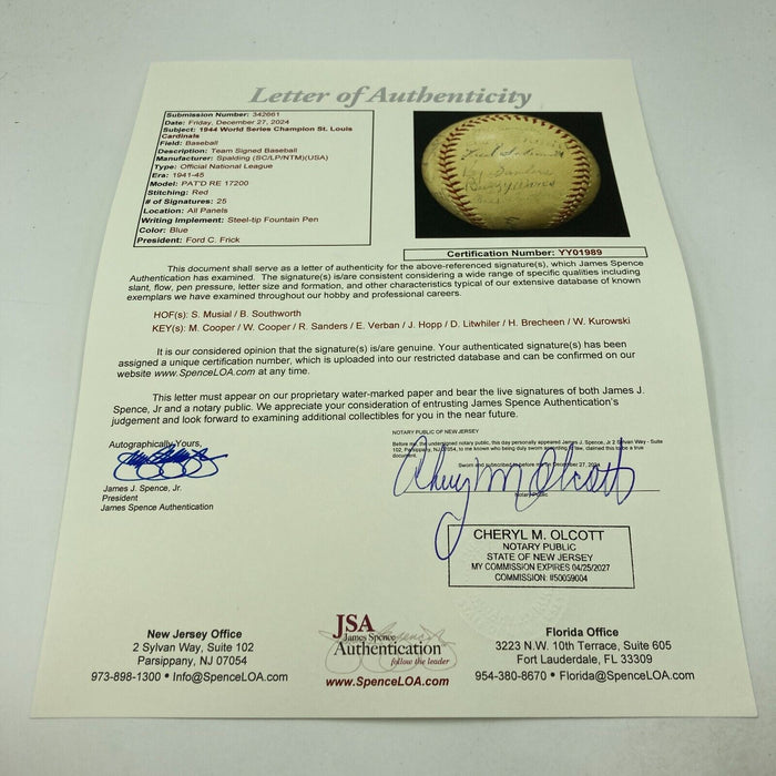 1944 St. Louis Cardinals World Series Champs Team Signed Baseball JSA COA