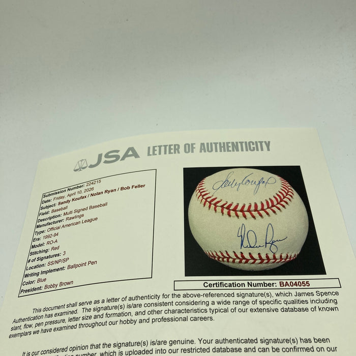 Beautiful Sandy Koufax & Nolan Ryan Signed American League Baseball JSA COA