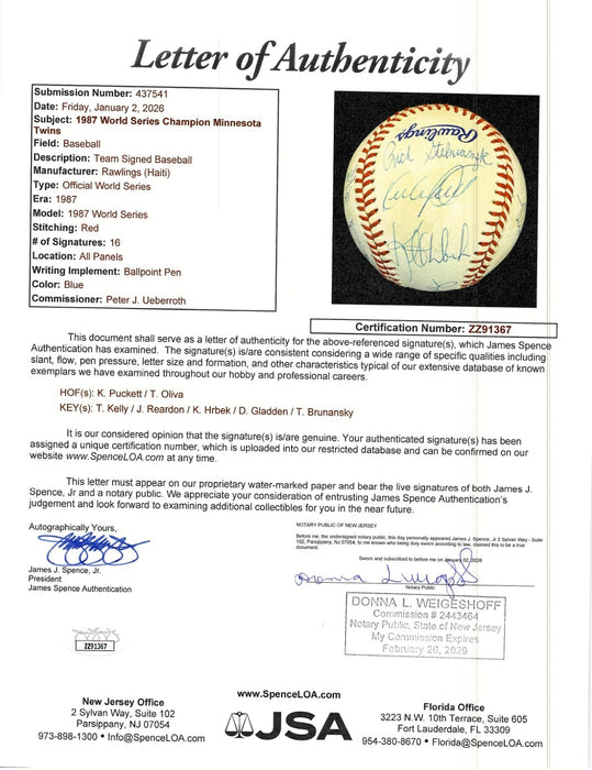 1987 Minnesota Twins World Series Champs Team Signed W.S. Baseball JSA COA