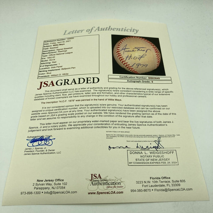 Stunning Willie Mays "Hall Of Fame 1979" Signed Baseball JSA COA Graded MINT 9